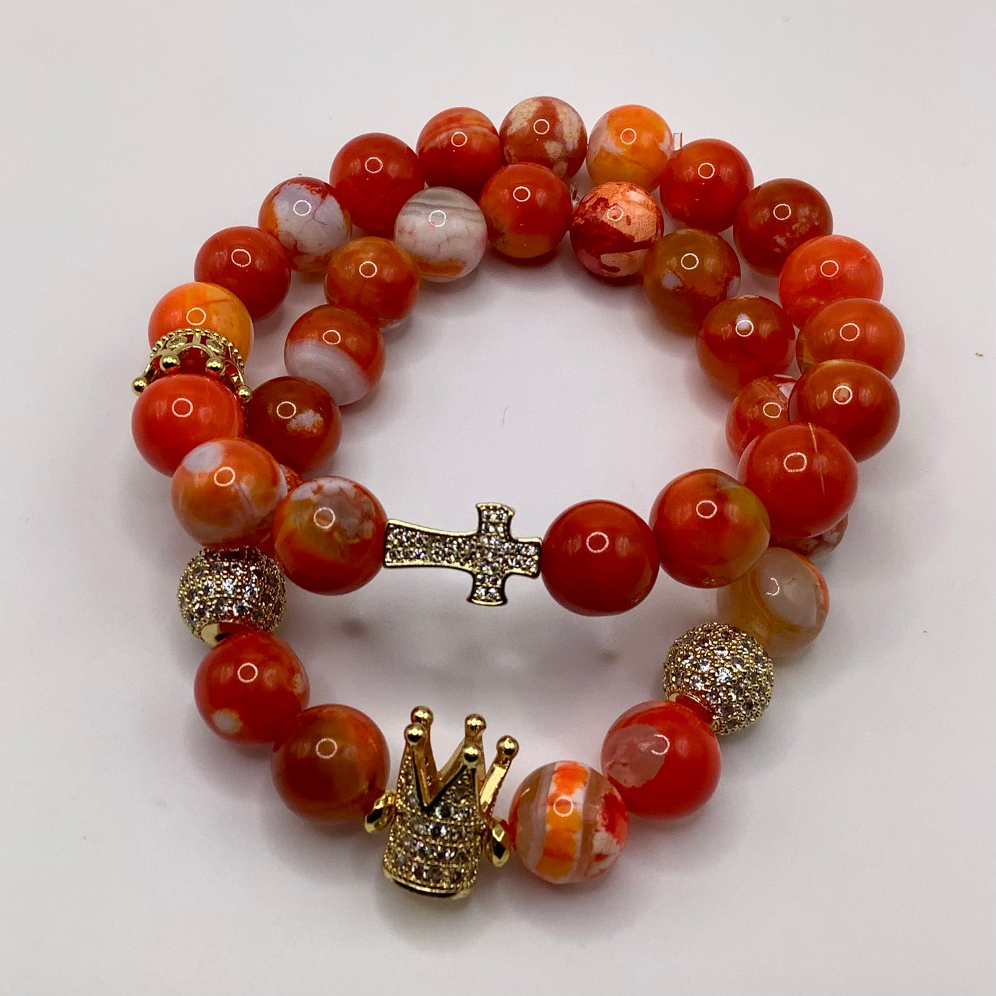 Fire Agate crown and cross pave 10mm gold hematite