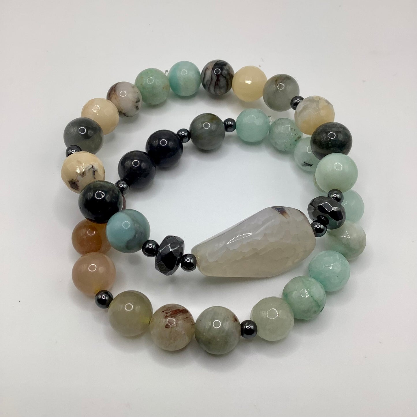 Agate,Aventurine, Morganite and Quartz 10mm black hematite