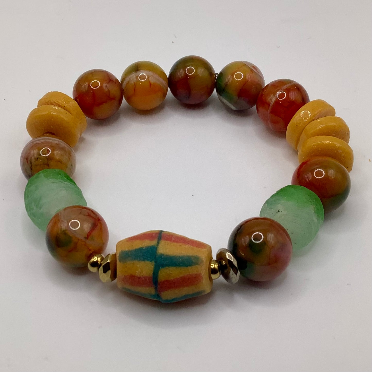 African Krobo Bead, Recycled Glass, Agate and Brass 12-14mm