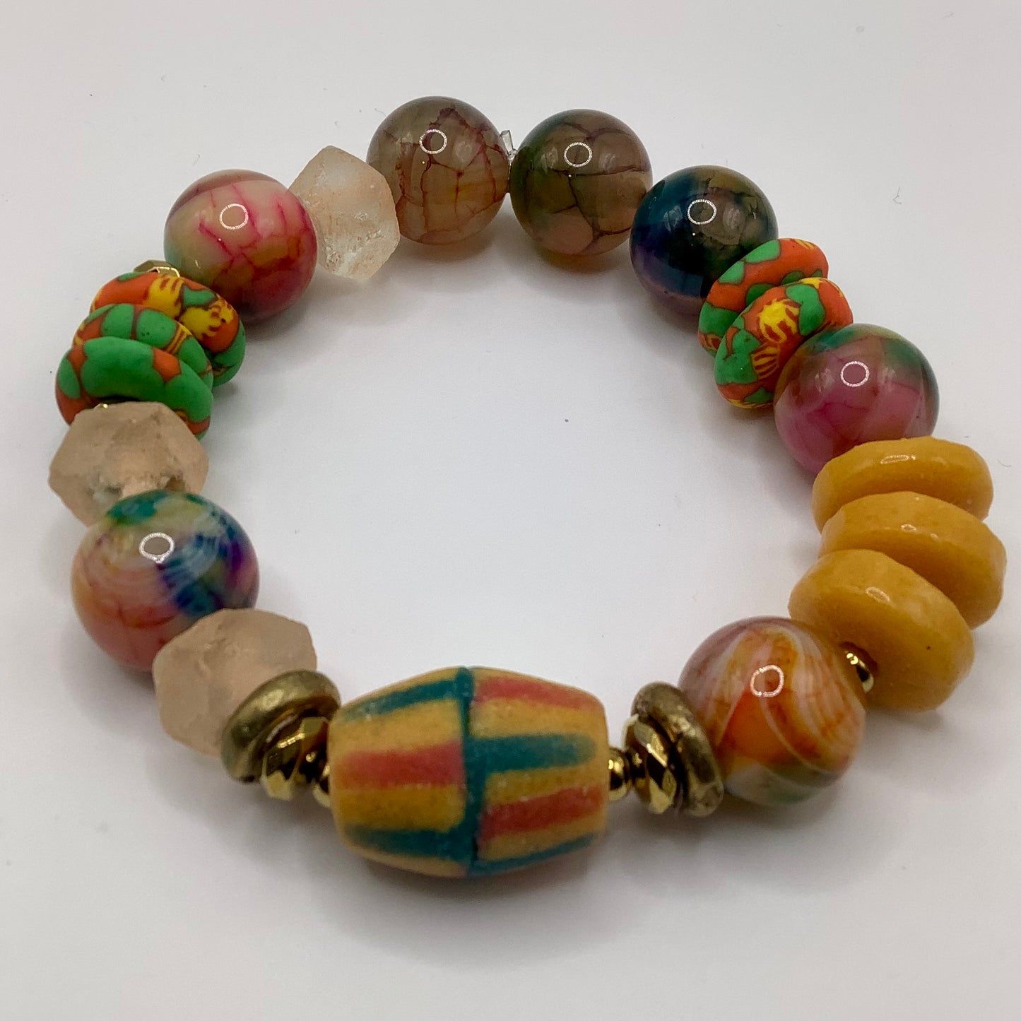 African Krobo Bead, Recycled Glass, Agate and Brass 12-14mm