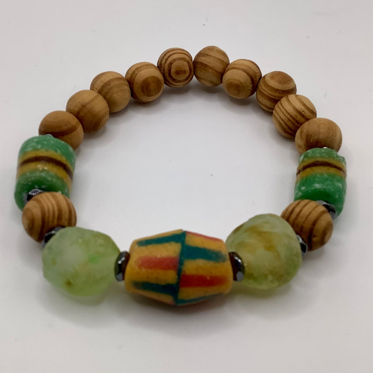 African Krobo Bead, Recycled Glass, Agate and Brass 12-14mm