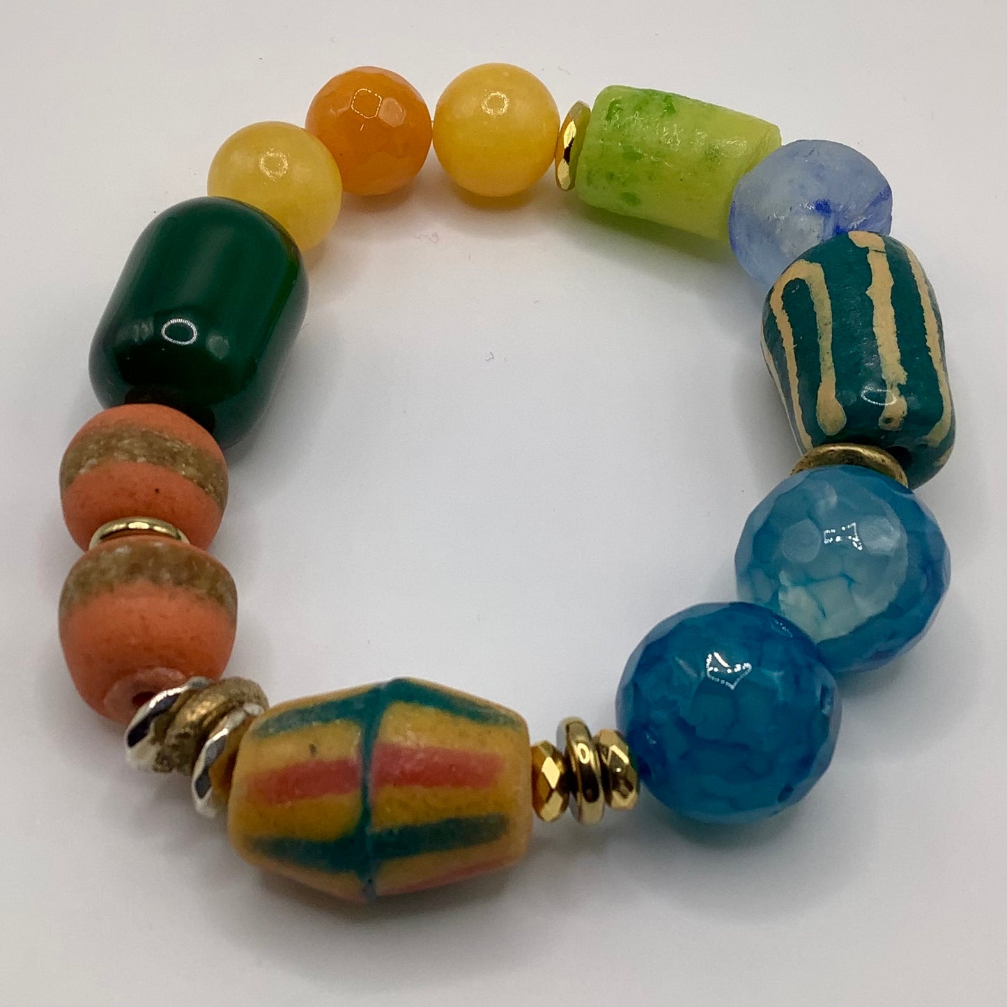 African Krobo Bead, Recycled Glass, Agate and Brass 12-14mm