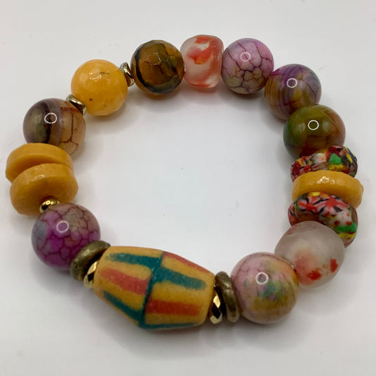 African Krobo Bead, Recycled Glass, Agate and Brass 12-14mm