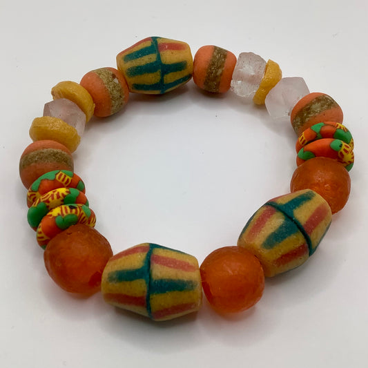 African Krobo Bead, Recycled Glass, Agate and Brass 12-14mm