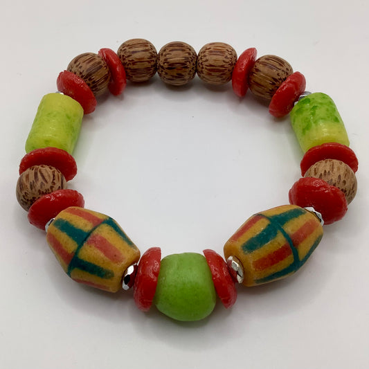 African Krobo Bead, Recycled Glass, Agate and Brass 12-14mm