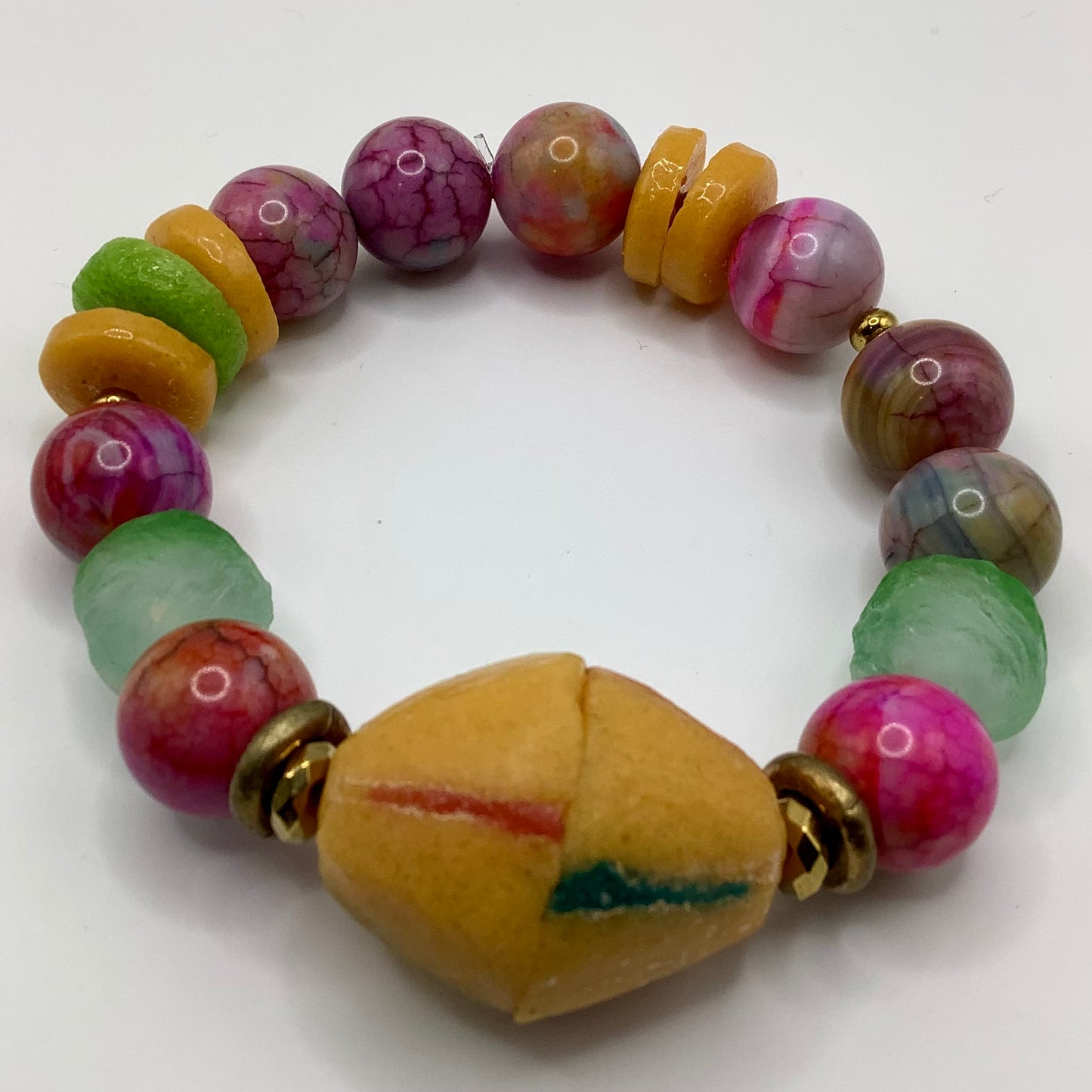 African Krobo Bead, Recycled Glass, Agate and Brass 12-14mm