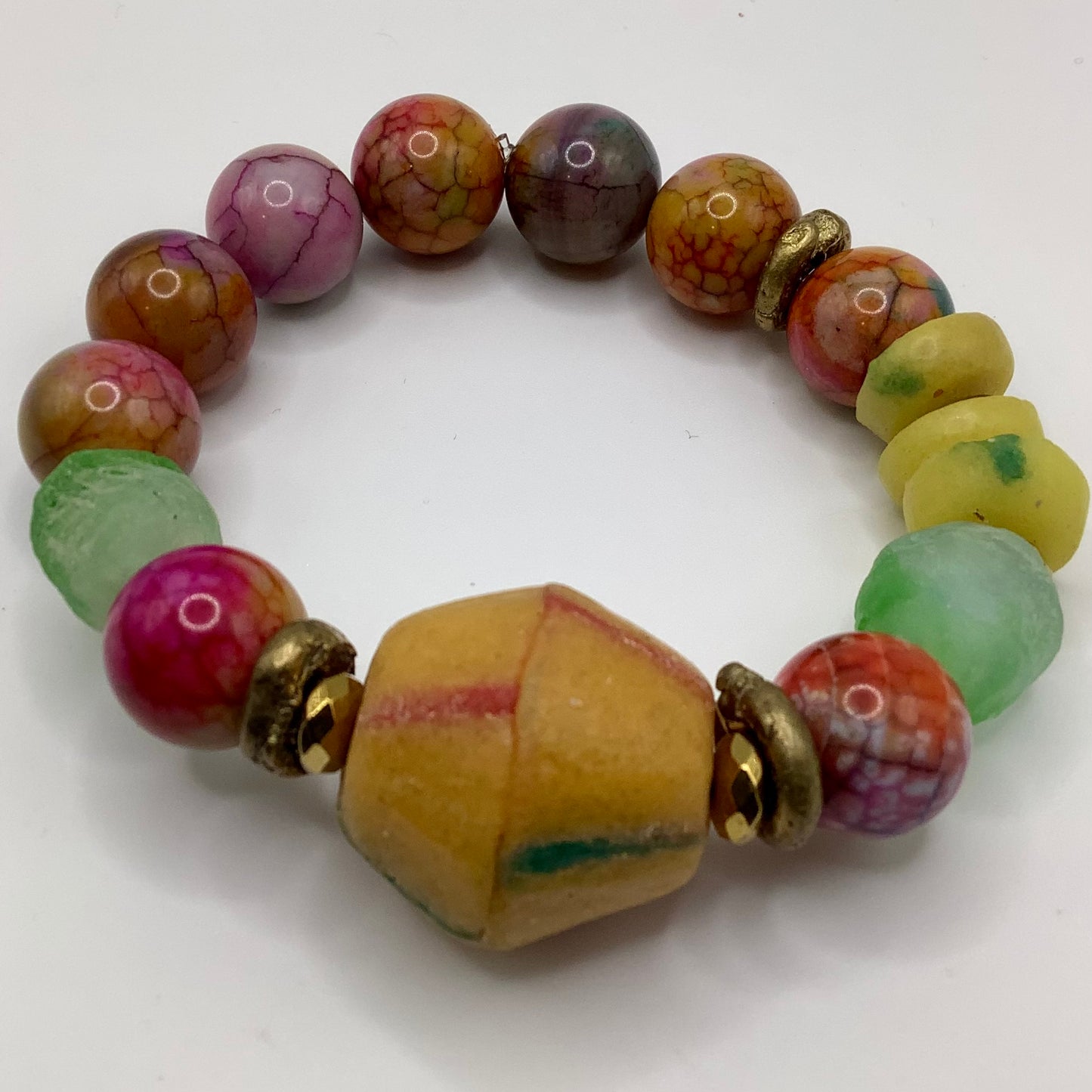 African Krobo Bead, Recycled Glass, Agate and Brass 12-14mm