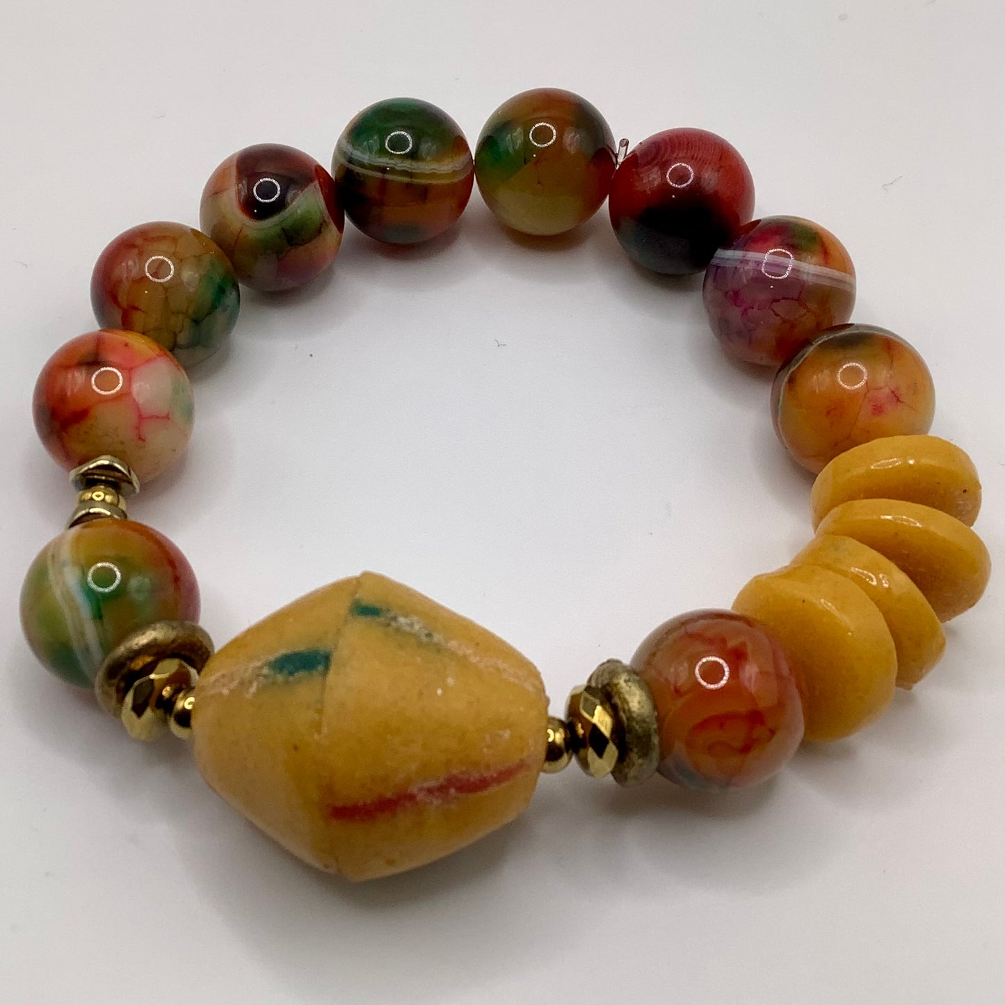 African Krobo Bead, Recycled Glass, Agate and Brass 12-14mm