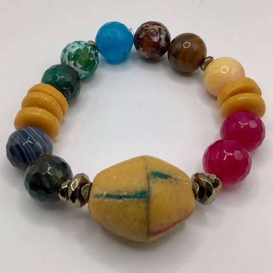 African Krobo Bead, Recycled Glass, Agate and Brass 12-14mm