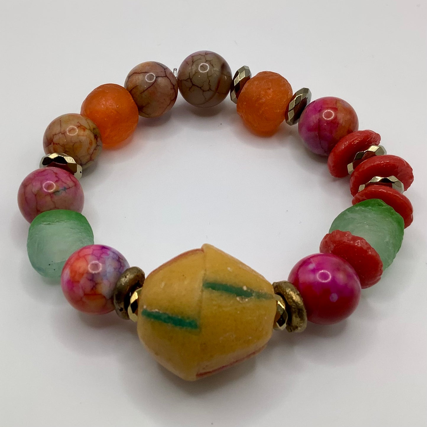 African Krobo Bead, Recycled Glass, Agate and Brass 12-14mm