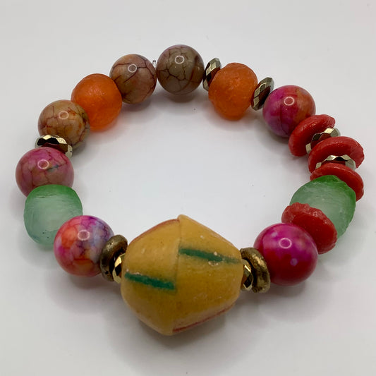 African Krobo Bead, Recycled Glass, Agate and Brass 12-14mm