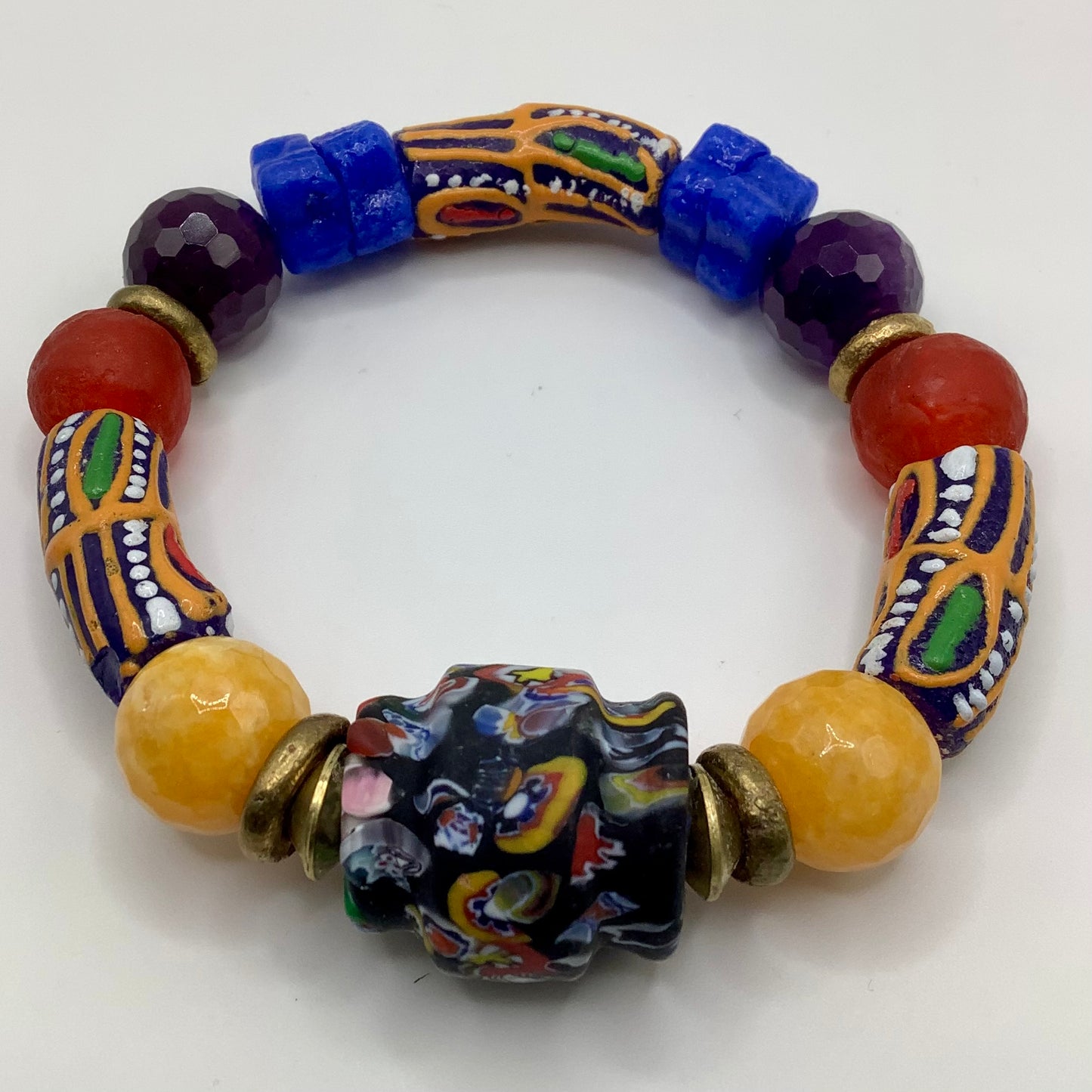 African Krobo Bead, Recycled Glass, Agate and Brass 12-14mm