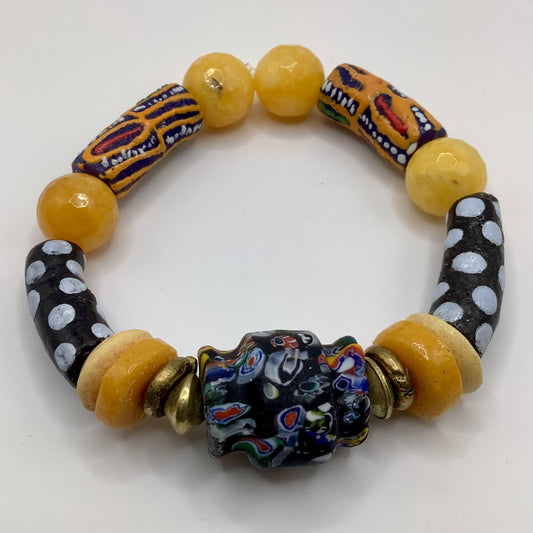 African Krobo Bead, Recycled Glass, Agate and Brass 12-14mm