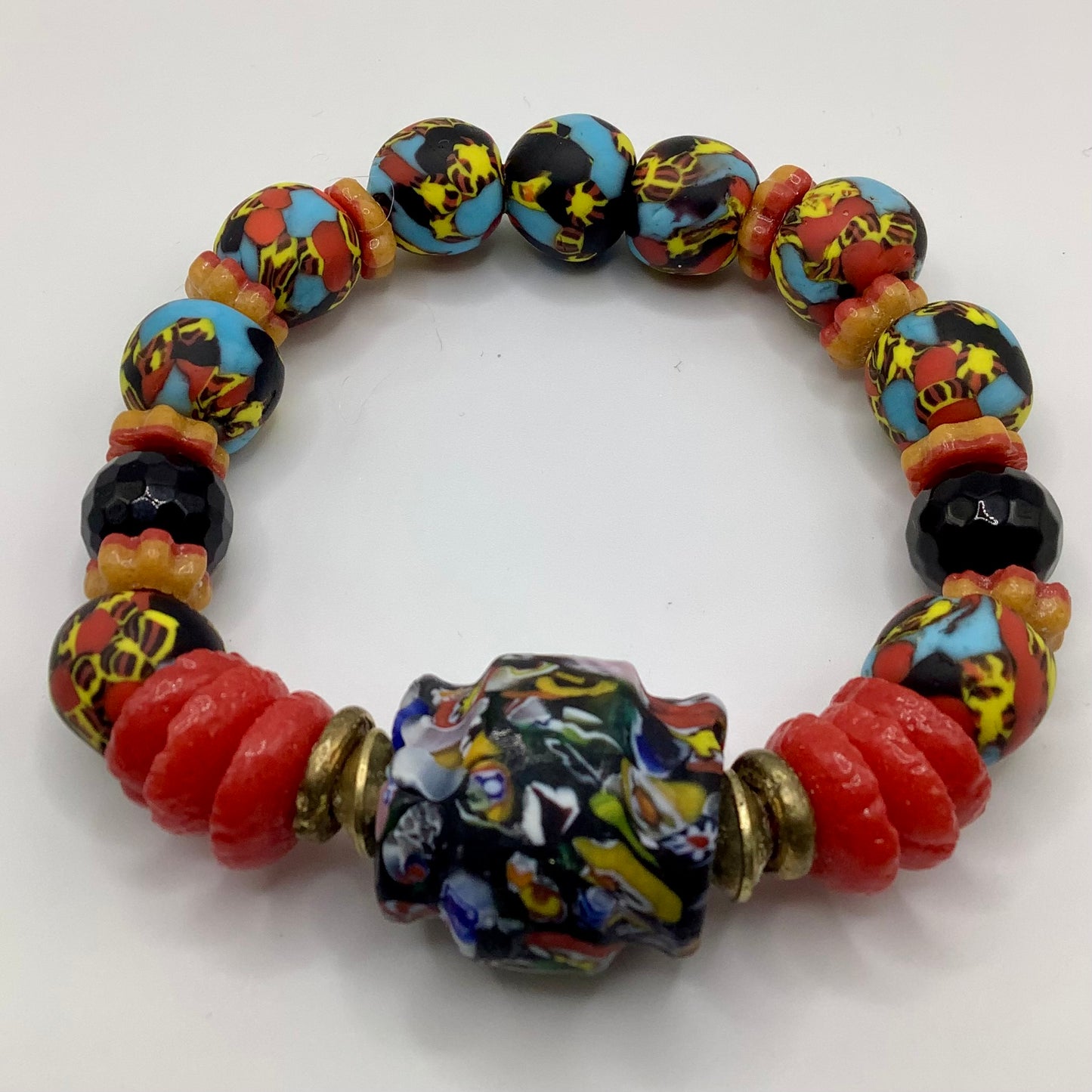 African Krobo Bead, Recycled Glass, Agate and Brass 12-14mm