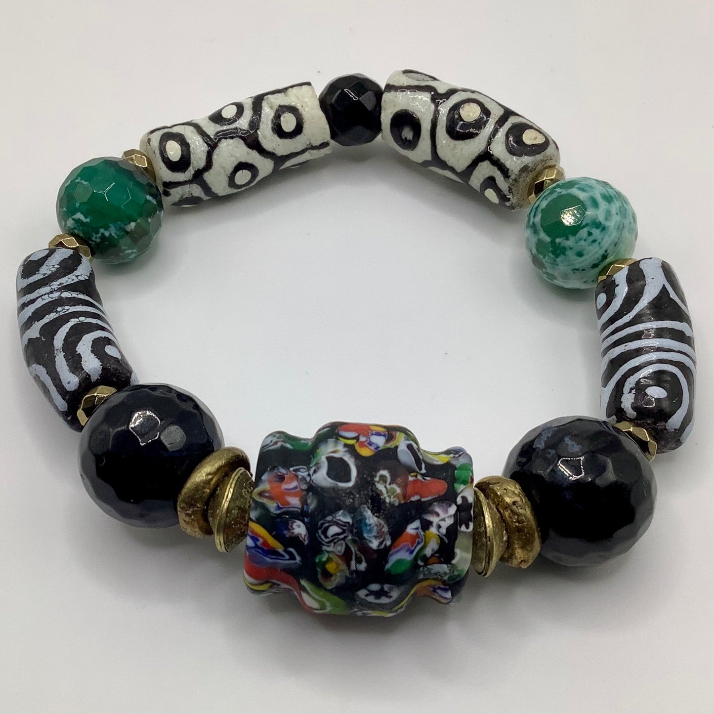 African Krobo Bead, Recycled Glass, Agate and Brass 12-14mm