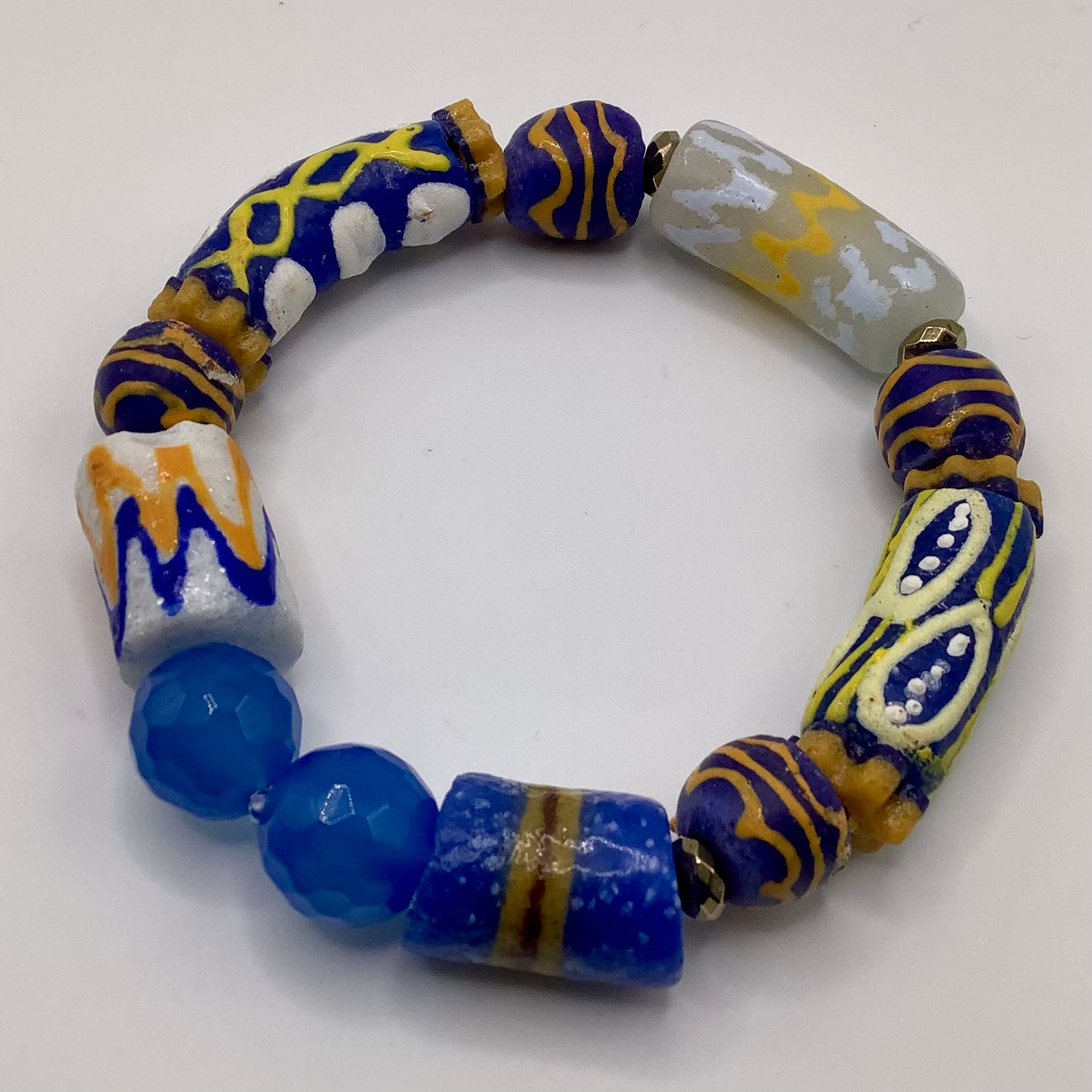 African Krobo Bead, Recycled Glass, Agate and Brass 12-14mm