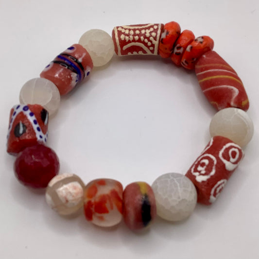 African Krobo Bead, Recycled Glass, Agate and Brass 12-14mm