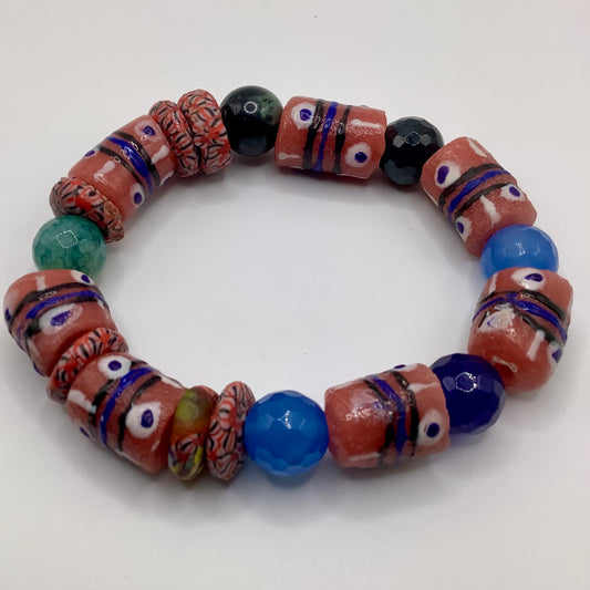 African Krobo Bead, Recycled Glass, Agate and Brass 12-14mm