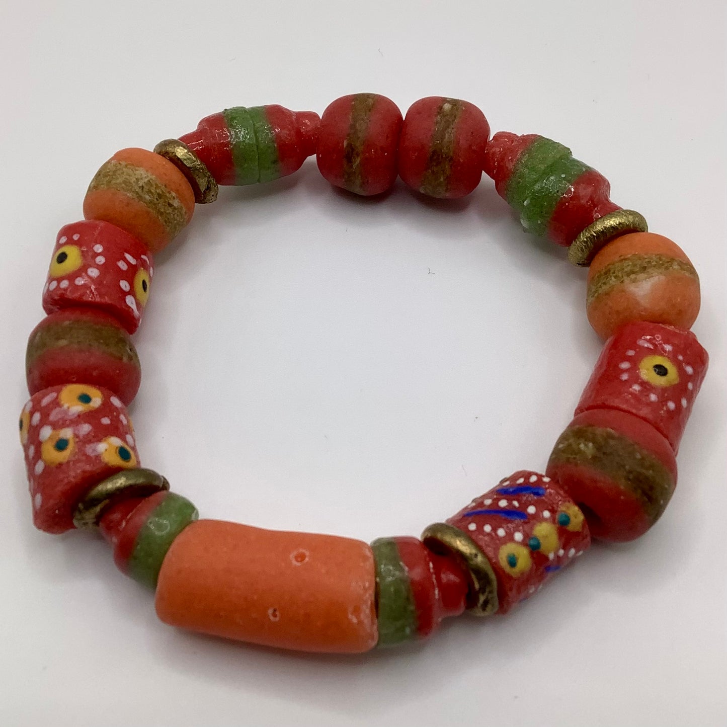 African Krobo Bead, Recycled Glass, Agate and Brass 12-14mm