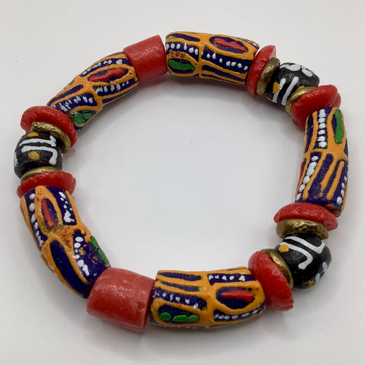 African Krobo Bead, Recycled Glass, Agate and Brass 12-14mm