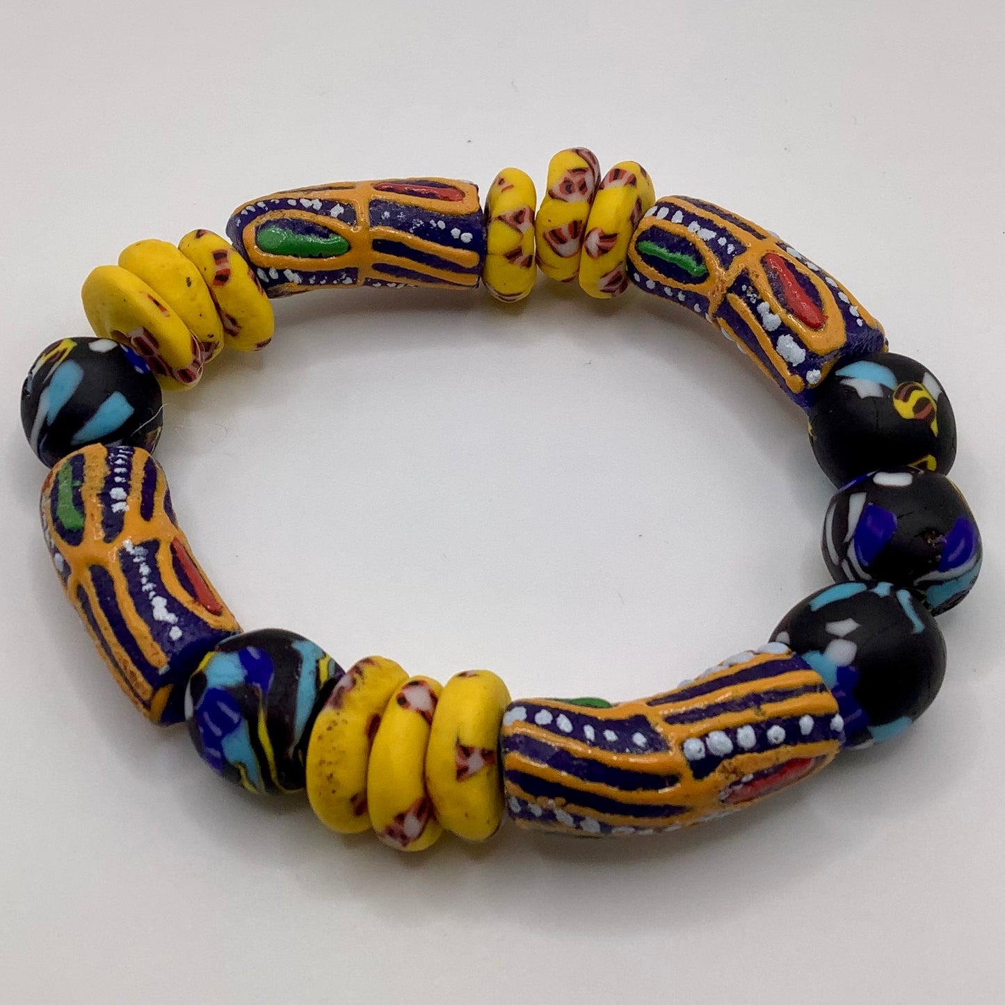 African Krobo Bead, Recycled Glass, Agate and Brass 12-14mm