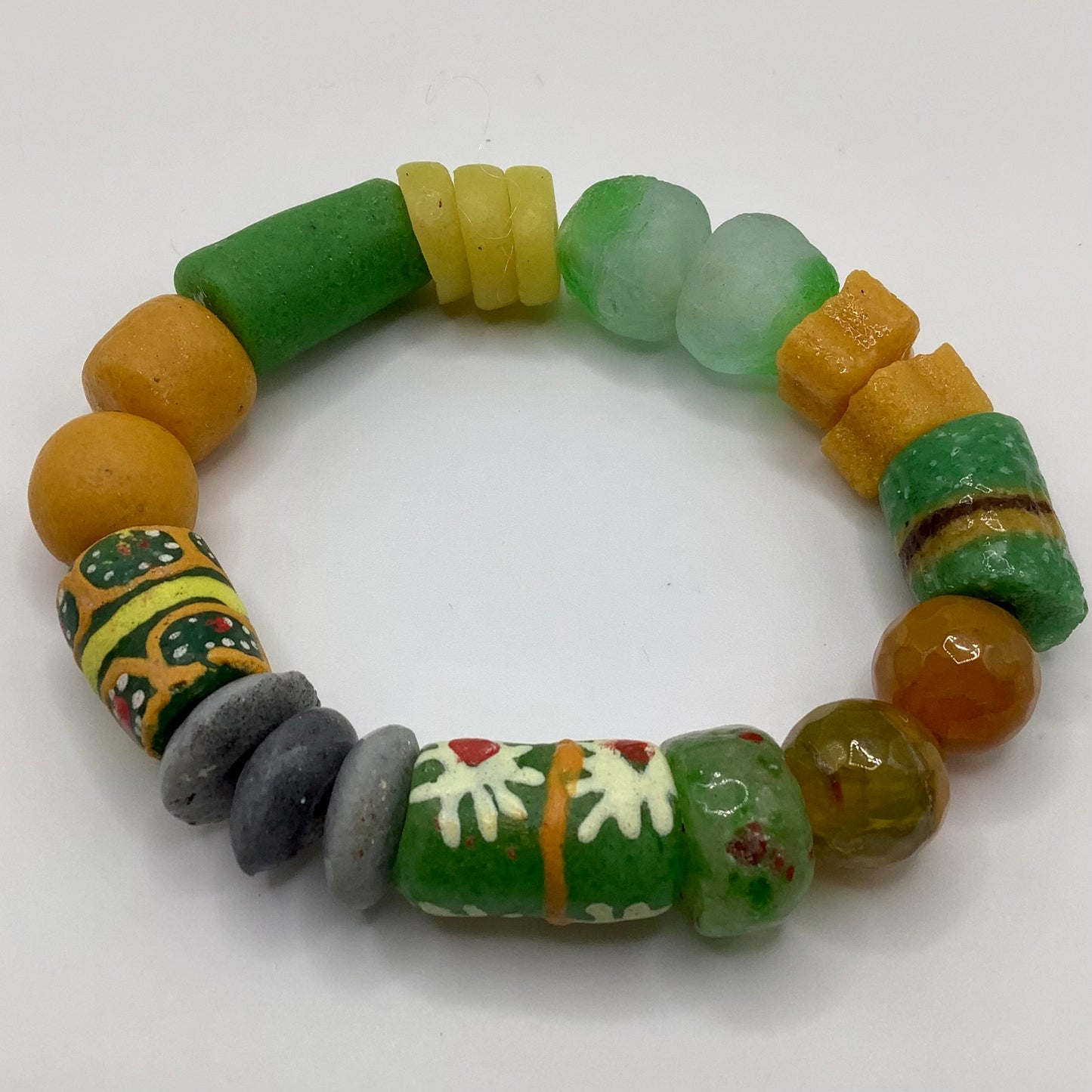 African Krobo Bead, Recycled Glass, Agate and Brass 12-14mm