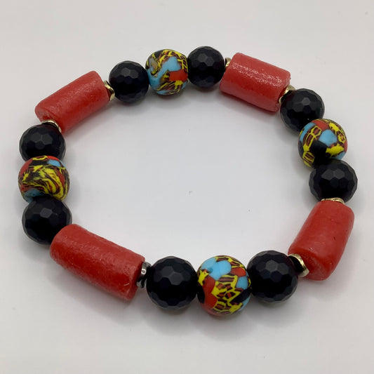 African Krobo Bead, Recycled Glass, Agate and Brass 12-14mm