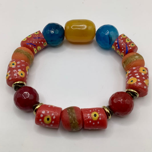 African Krobo Bead, Recycled Glass, Agate and Brass 12-14mm