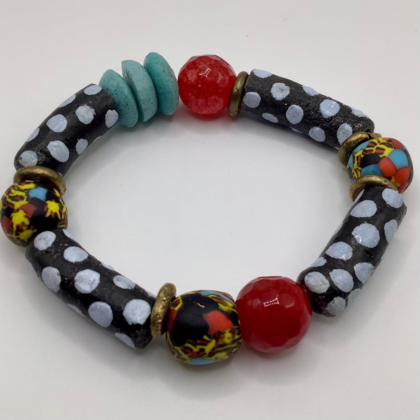 African Krobo Bead, Recycled Glass, Agate and Brass 12-14mm