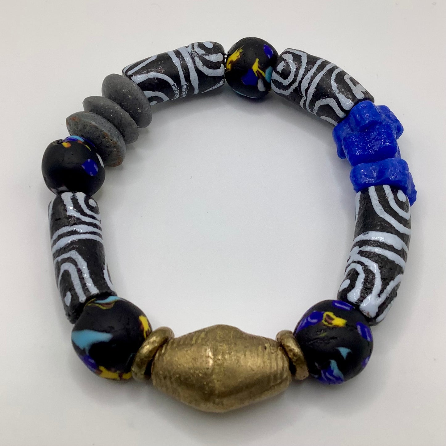 African Krobo Bead, Recycled Glass, Agate and Brass 12-14mm