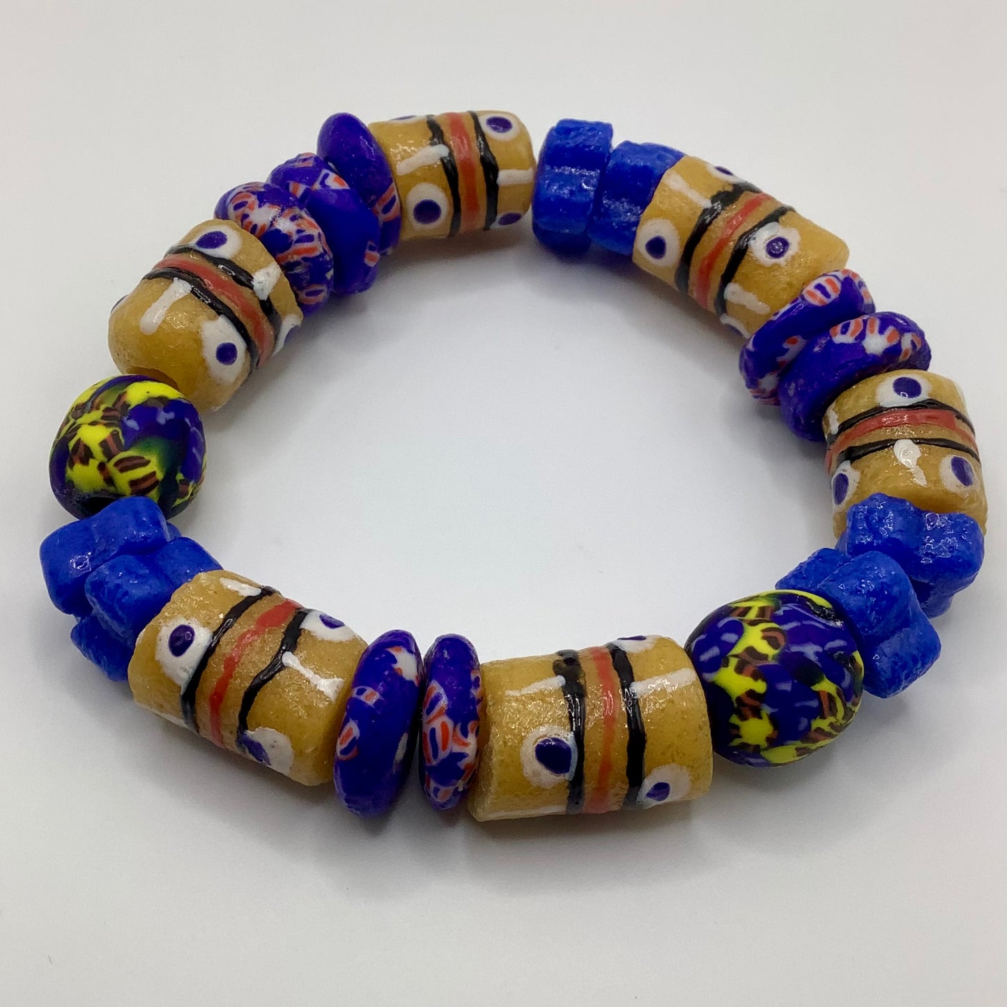 African Krobo Bead, Recycled Glass, Agate and Brass 12-14mm