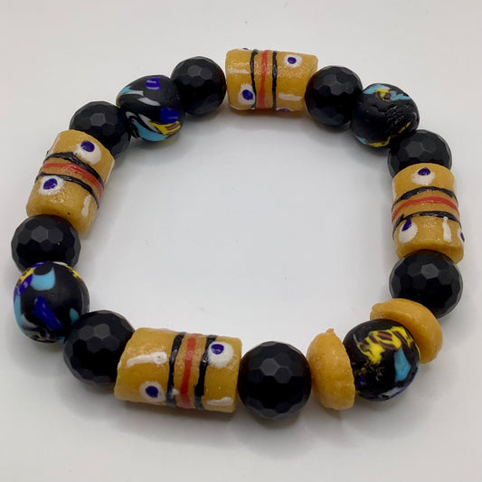 African Krobo Bead, Recycled Glass, Agate and Brass 12-14mm