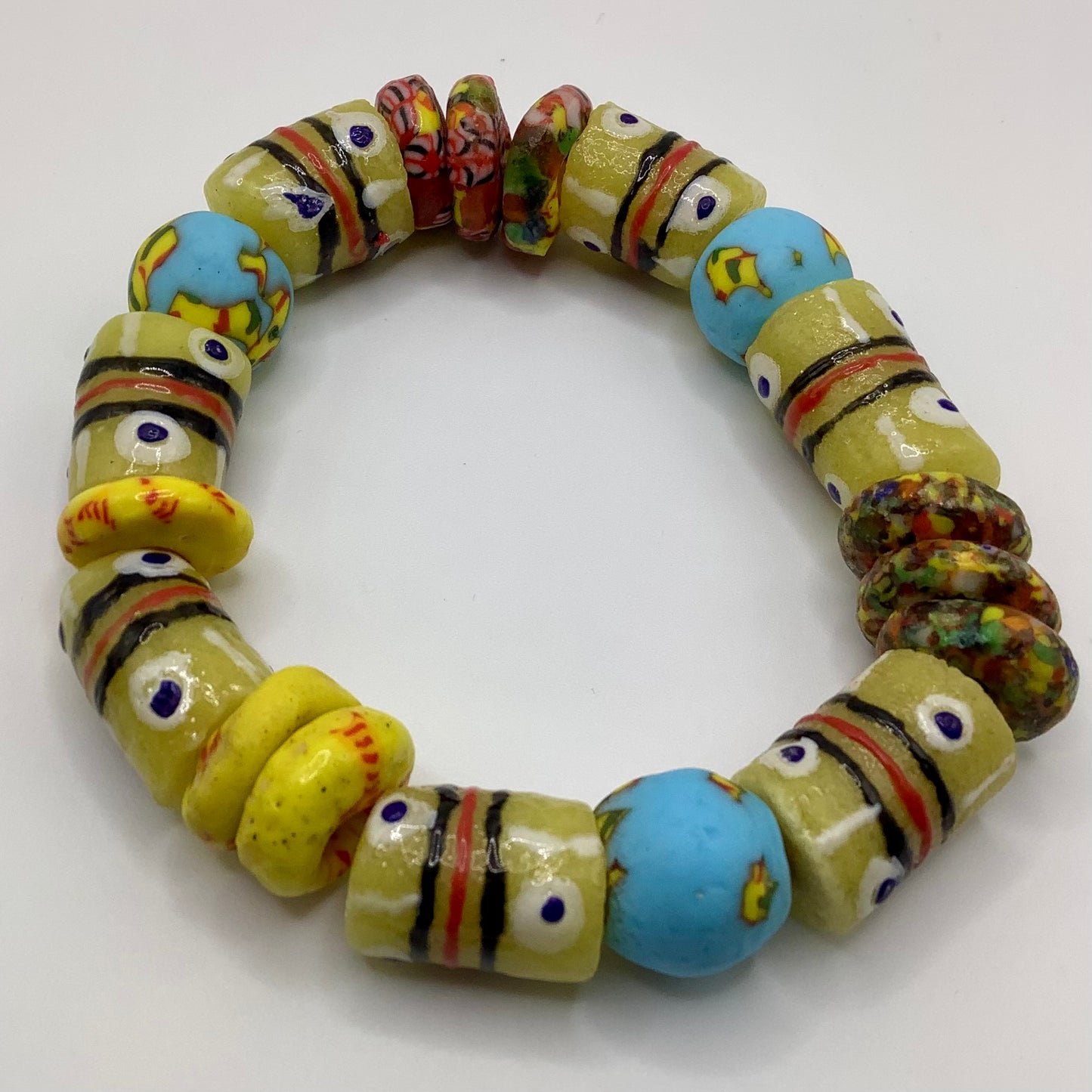 African Krobo Bead, Recycled Glass, Agate and Brass 12-14mm