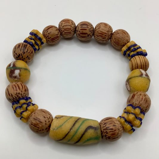 African Krobo Bead, Recycled Glass, Agate and Brass 12-14mm