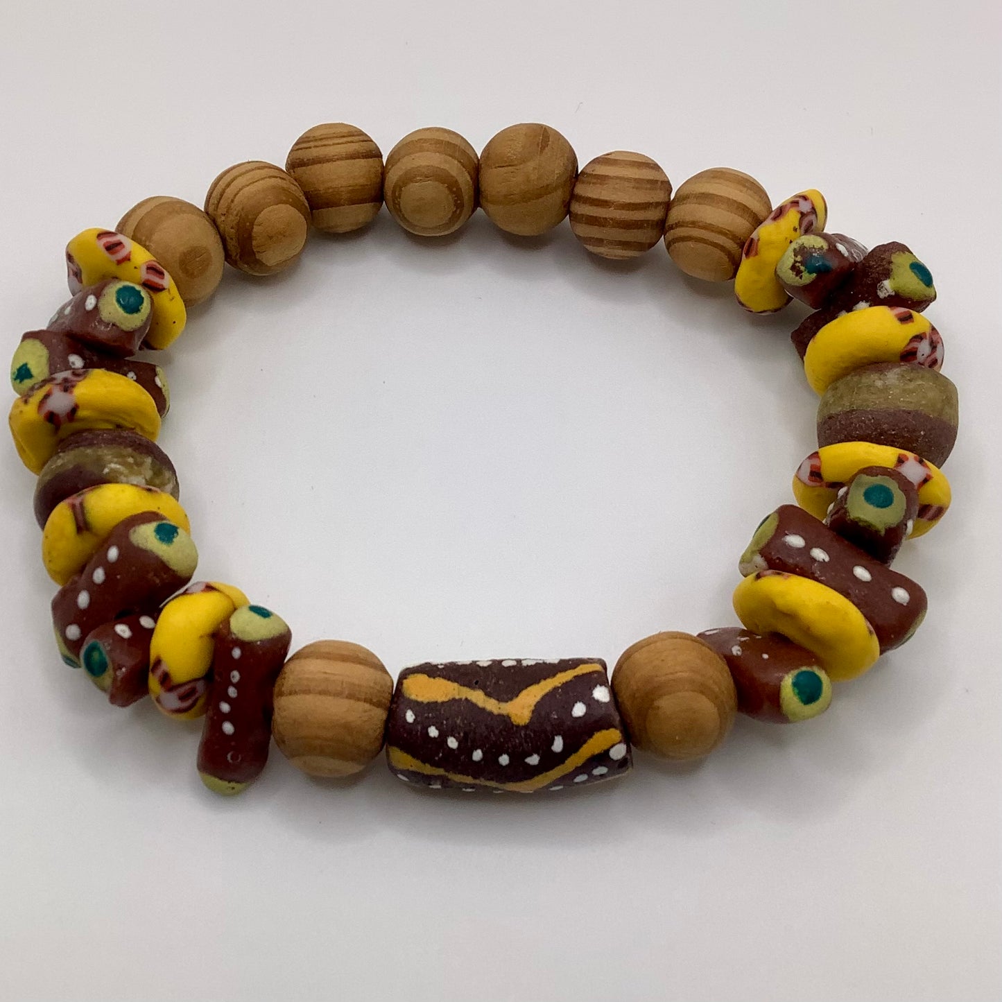 African Krobo Bead, Recycled Glass, Wood  12-14mm