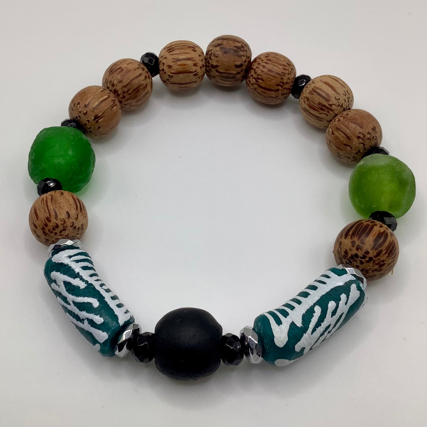 African Krobo Bead, Recycled Glass, Wood  12-14mm