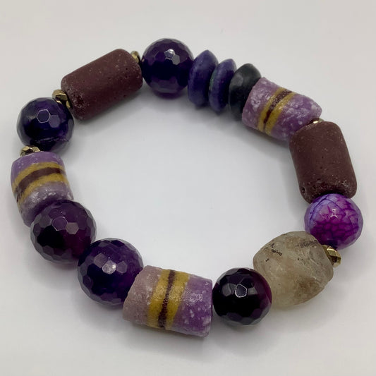 African Krobo Bead, Recycled Glass, Agate and Brass 12-14mm