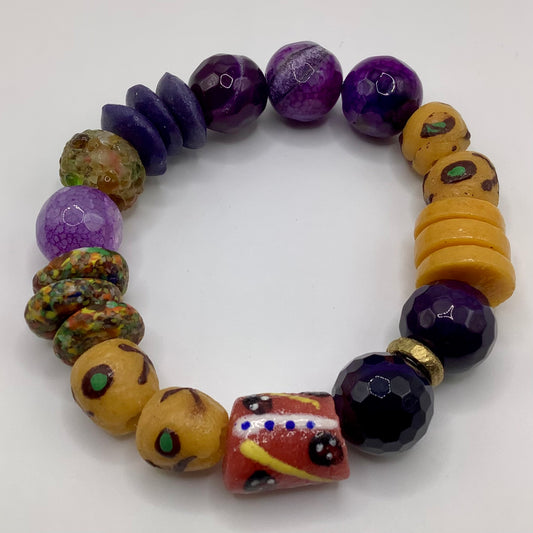 African Krobo Bead, Recycled Glass, Agate and Brass 12-14mm