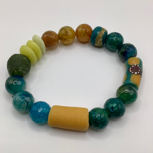 African Krobo Bead, Recycled Glass, Agate and Brass 12-14mm