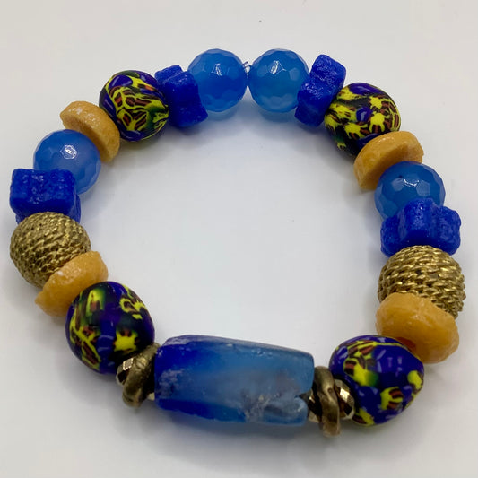 African Krobo Bead, Recycled Glass, Agate and Brass 12-14mm