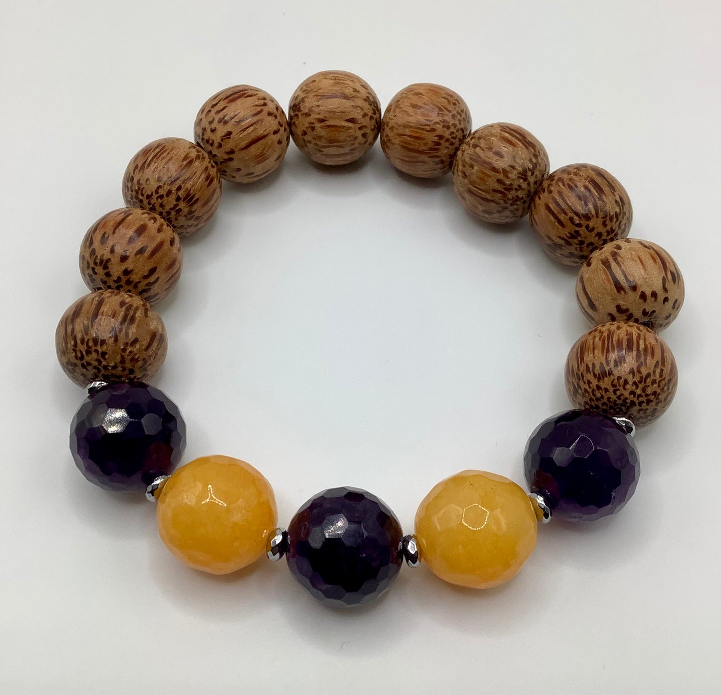 Bali Wood,  Amethyst and Gold Hematite 14mm Omega