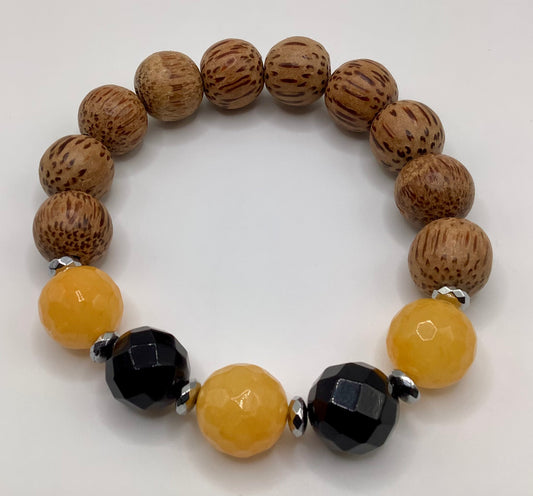 Bali Wood, Agate and Silver Hematite 14mm Alpha