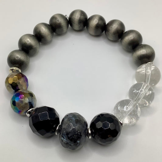 Navajo Silver, Quartz, Onyx, Labradorite, Tibetan Agate, silver hematite 10mm