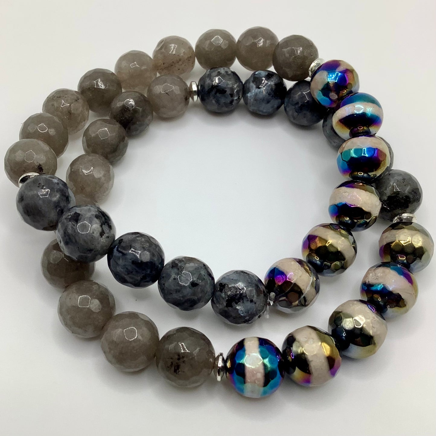 Agate, Labradorite, Tibetan Agate, silver hematite 10mm 2pc set