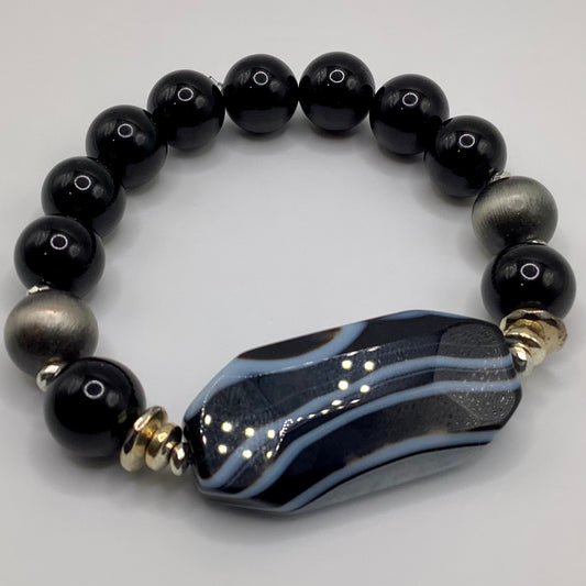 Onyx, Navajo Silver, Agate Focal silver hematite 12mm