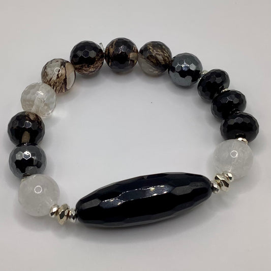 Smoky Quartz, Onyx, Agate, Silver hematite 12mm