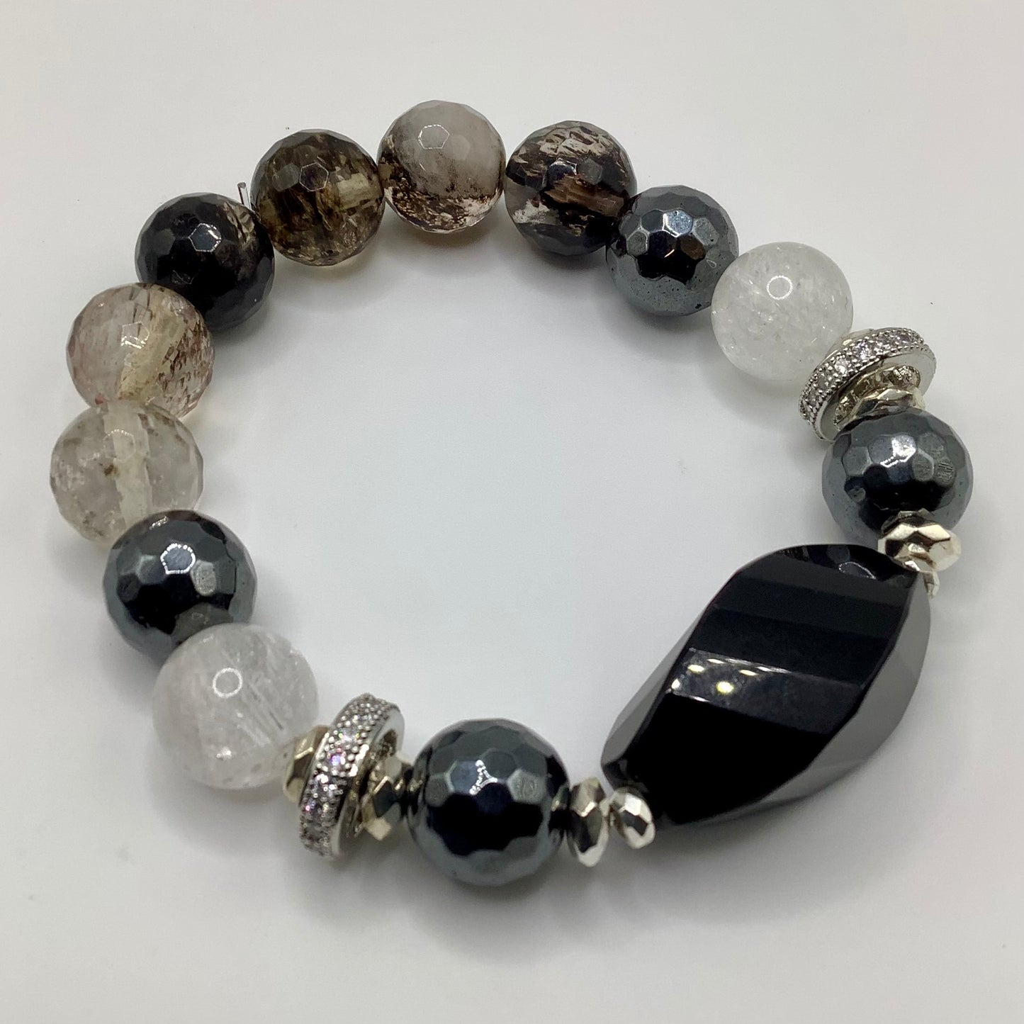 Smoky Quartz, Onyx, Agate,CZ Pave Spacers  Silver hematite 12mm