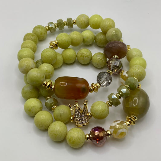 Jade, Tibetan Agate and Crystal, CZ gold crown, gold hematite 8-10mm 3 piece set