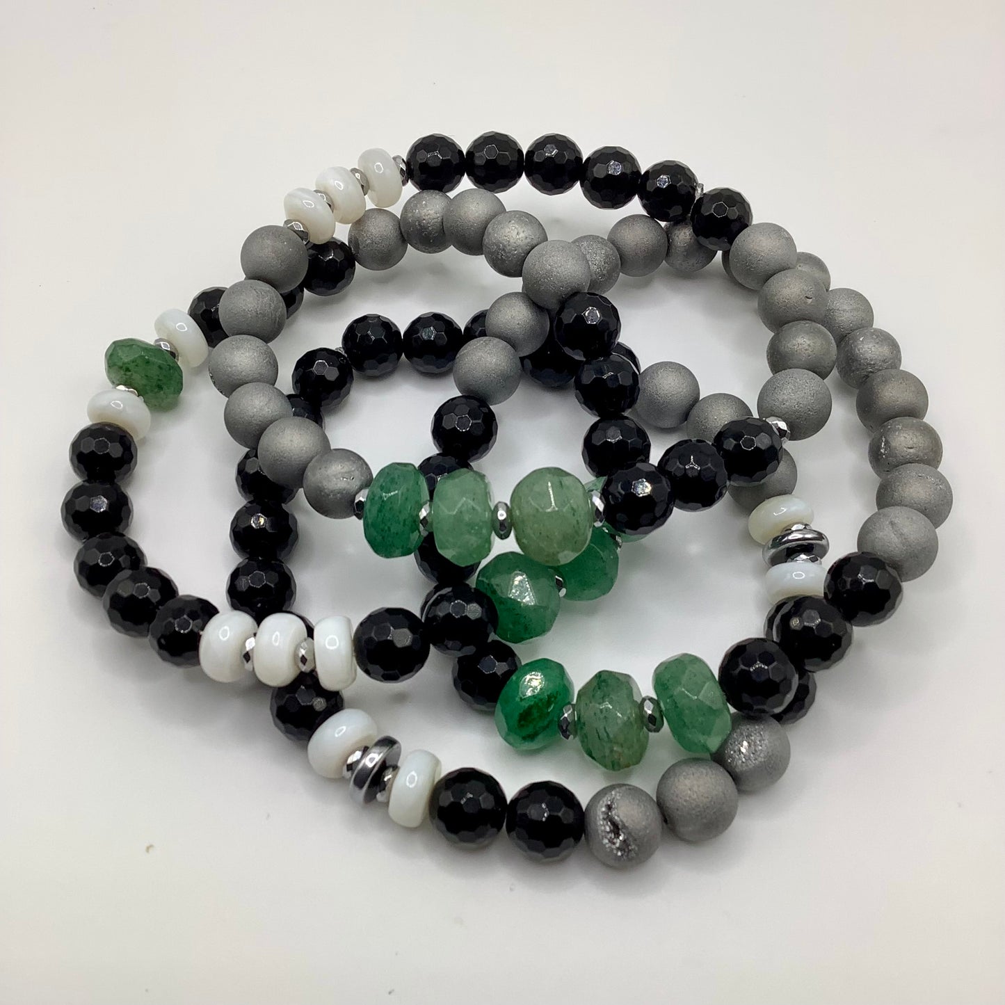 Jade, Onyx, Druzy 8mm silver hematite 4 pc set