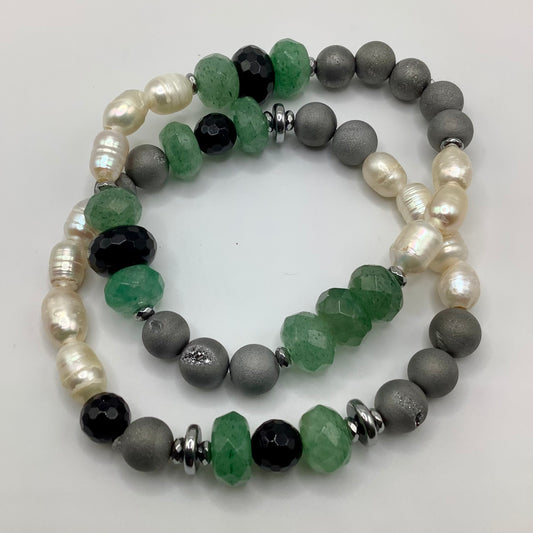 Jade, Onyx, Druzy, Pearls 8mm silver hematite 2pc set